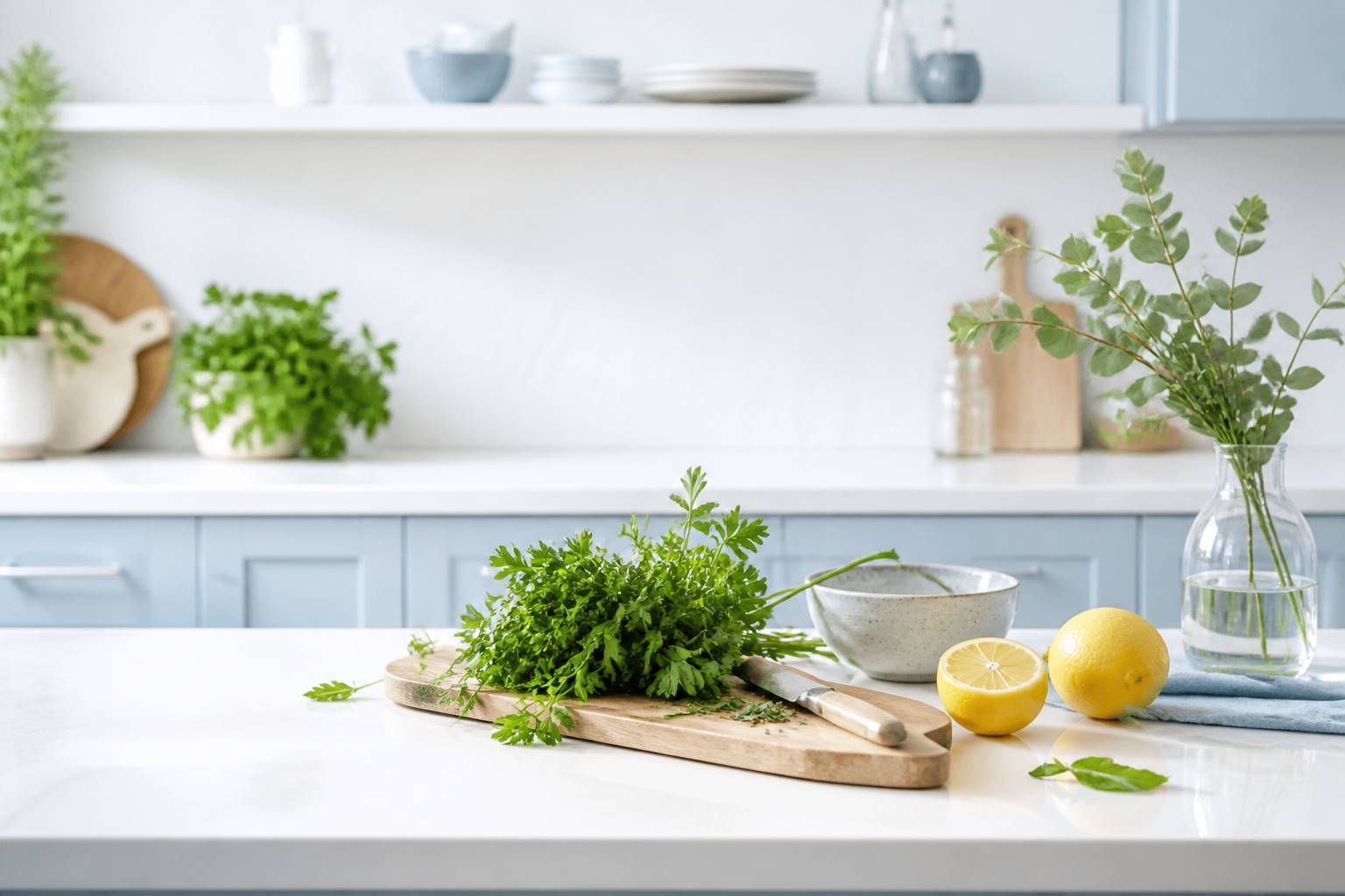 Bouquets de persil frais sur une planche en bois avec couteau et bol, cuisine lumineuse