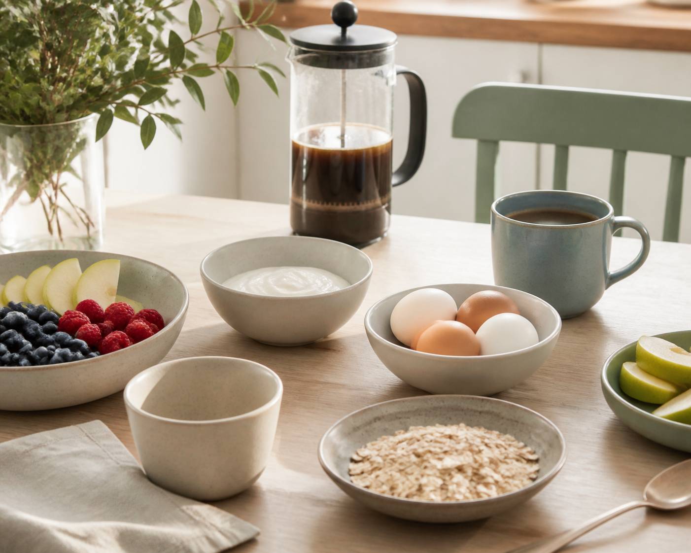 Table de petit déjeuner avec œufs, skyr et flocons d'avoine