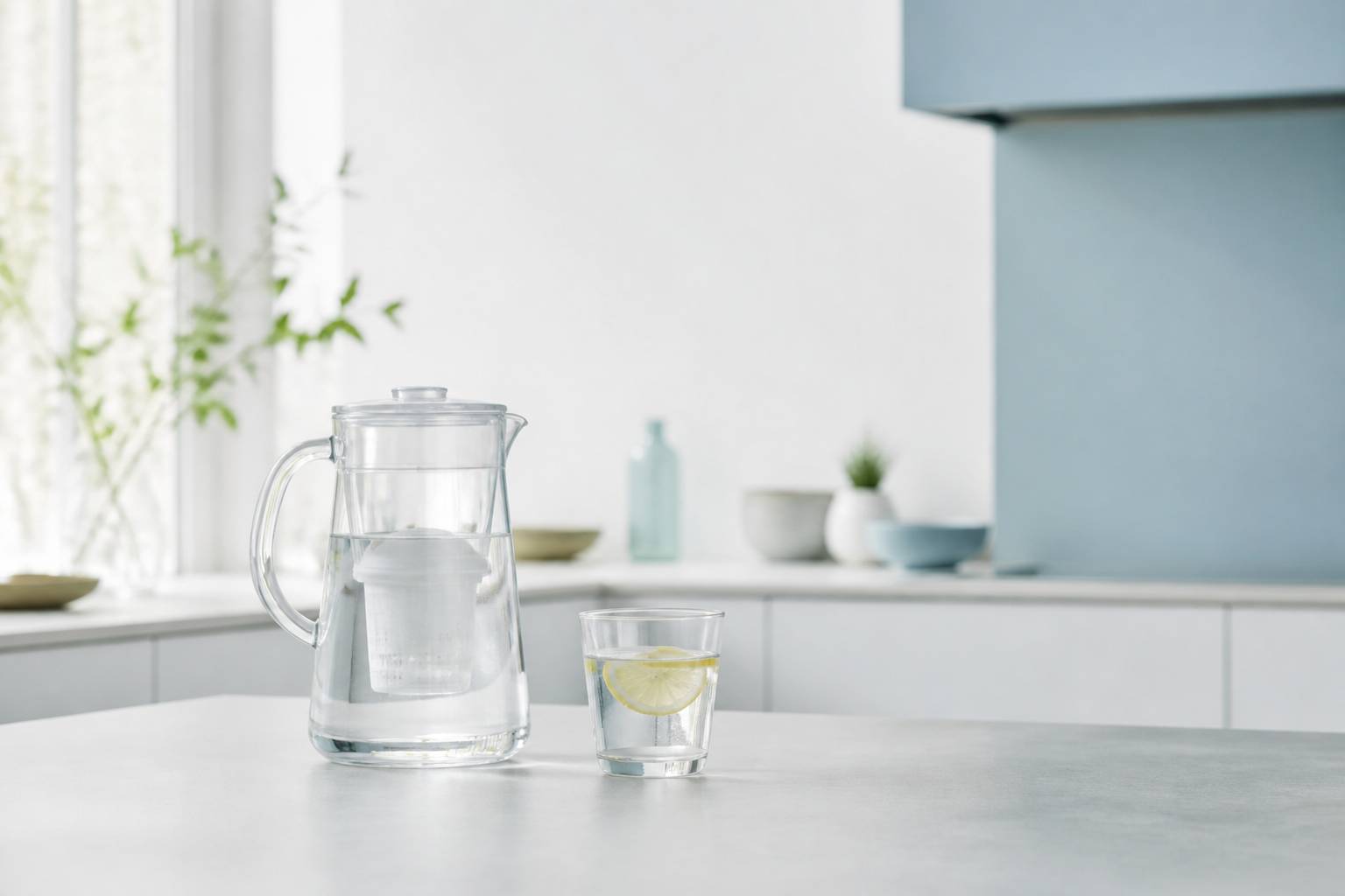 Pichet filtrant en verre avec un verre d'eau et une rondelle de citron sur un comptoir