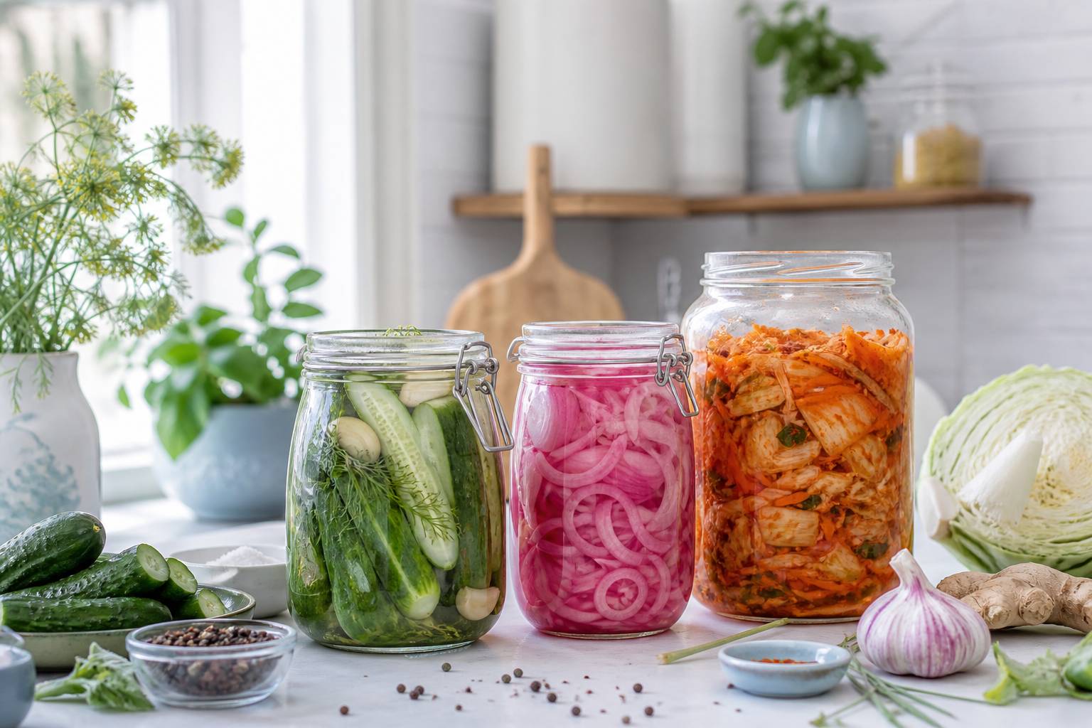 Bocaux de pickles faits maison avec des légumes frais