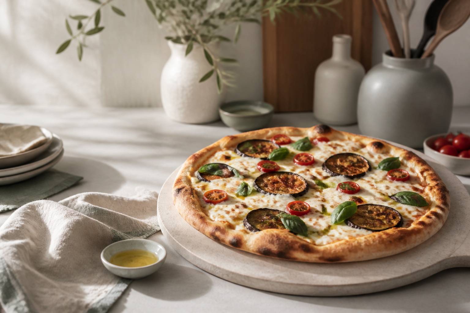 Pizza aux aubergines fondantes, tomates et mozzarella sur une pierre à pizza