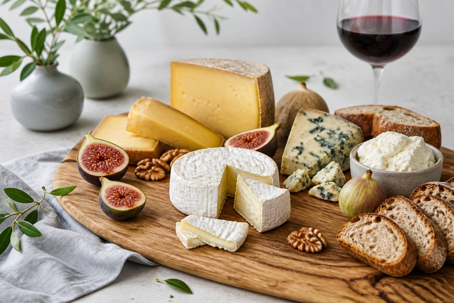 Plateau de dégustation de fromages variés sur planche en bois avec noix et figues