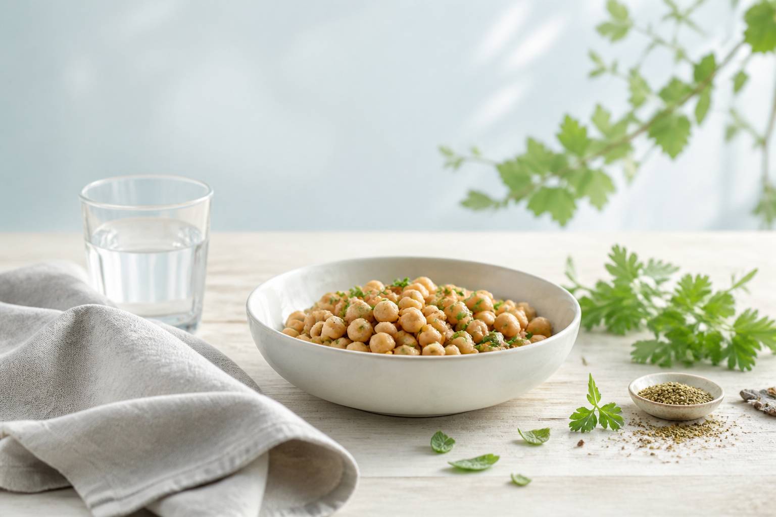 Bol en céramique de pois chiches cuits avec herbes et épices sur une table en bois