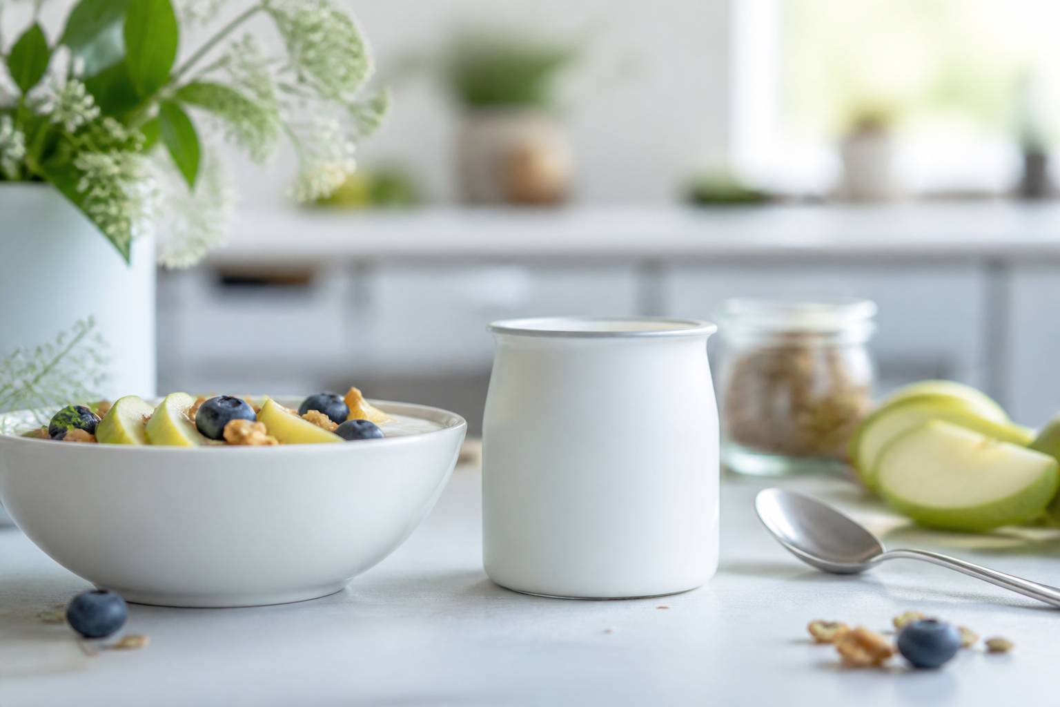 Pot de yaourt blanc avec céréales complètes et fruits frais