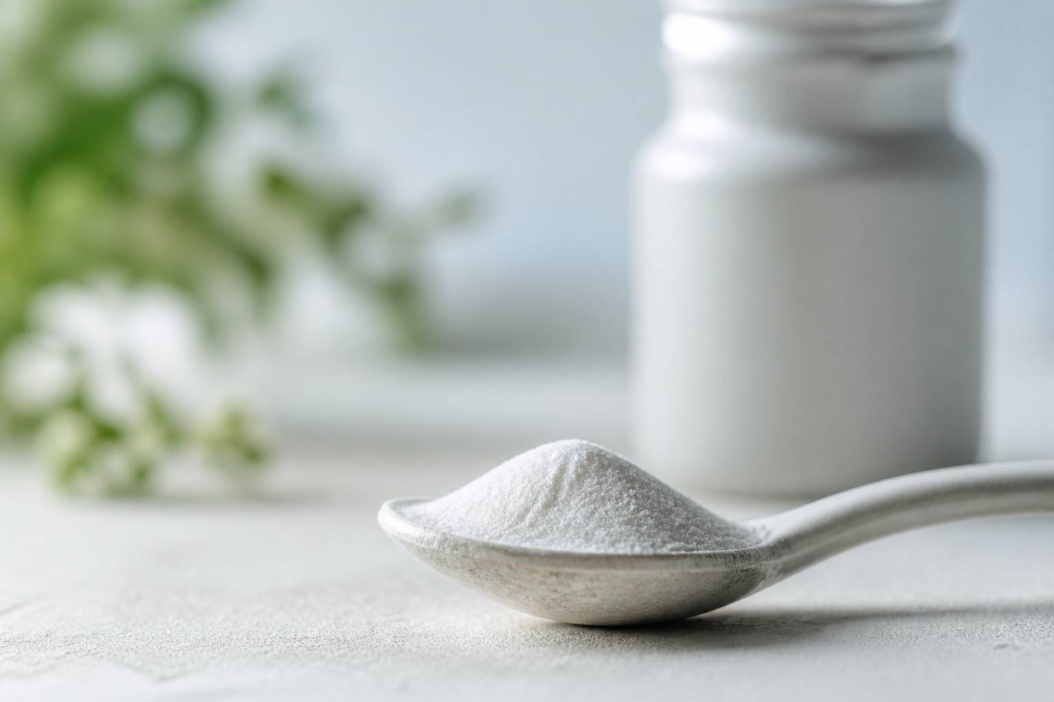 Poudre blanche fine dans une petite cuillère devant un flacon opaque générique