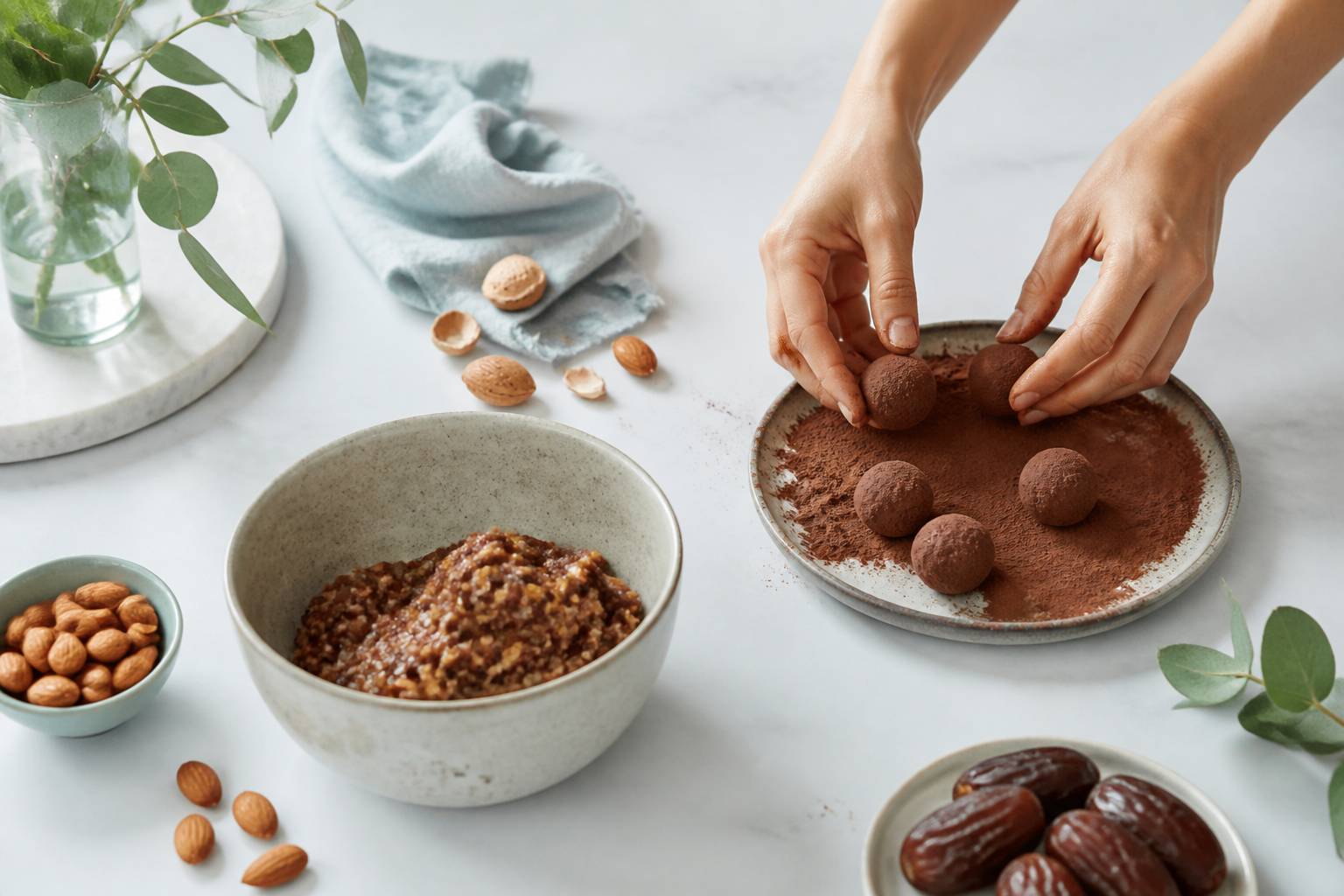 Mains roulant des boules d'énergie dans de la poudre de cacao