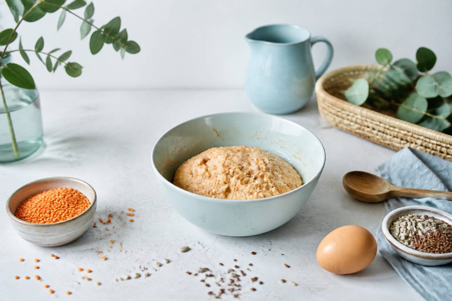 Préparation du pain aux lentilles corail avec bol de pâte et ingrédients