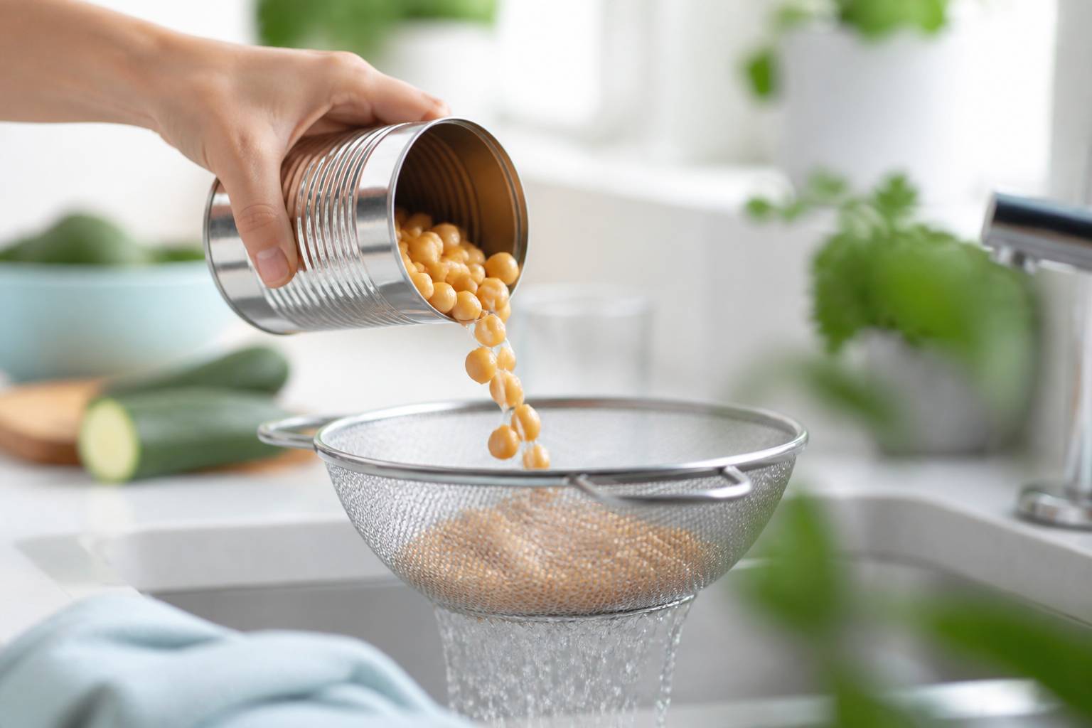 Main versant des pois chiches dans une passoire au-dessus d'un évier