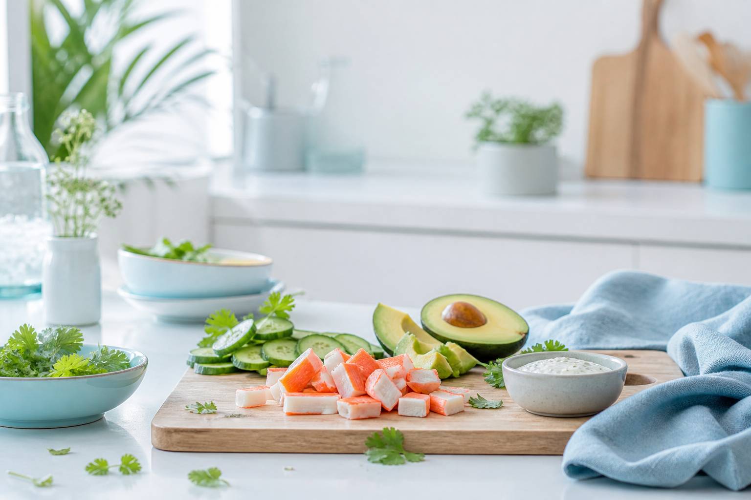 Bâtonnets de surimi coupés avec concombre et avocat sur une planche en bois