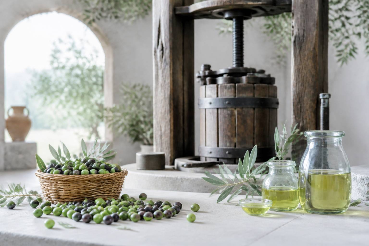 Olives fraîches et presse artisanale à huile sur une table en pierre dans un moulin
