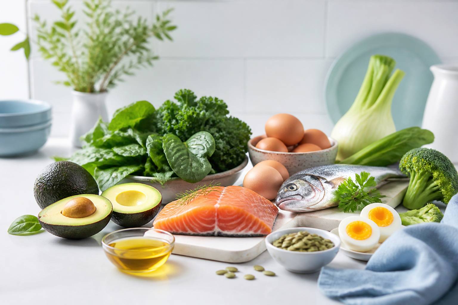 Composition d'aliments pauvres en glucides avec avocats et poissons gras