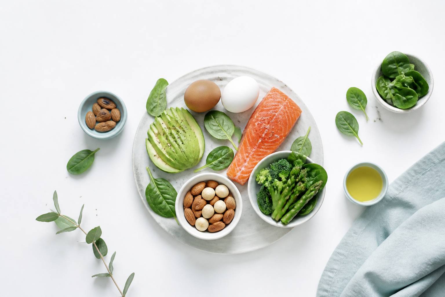 Aliments cetogenes avec avocat, oeufs, saumon et legumes verts