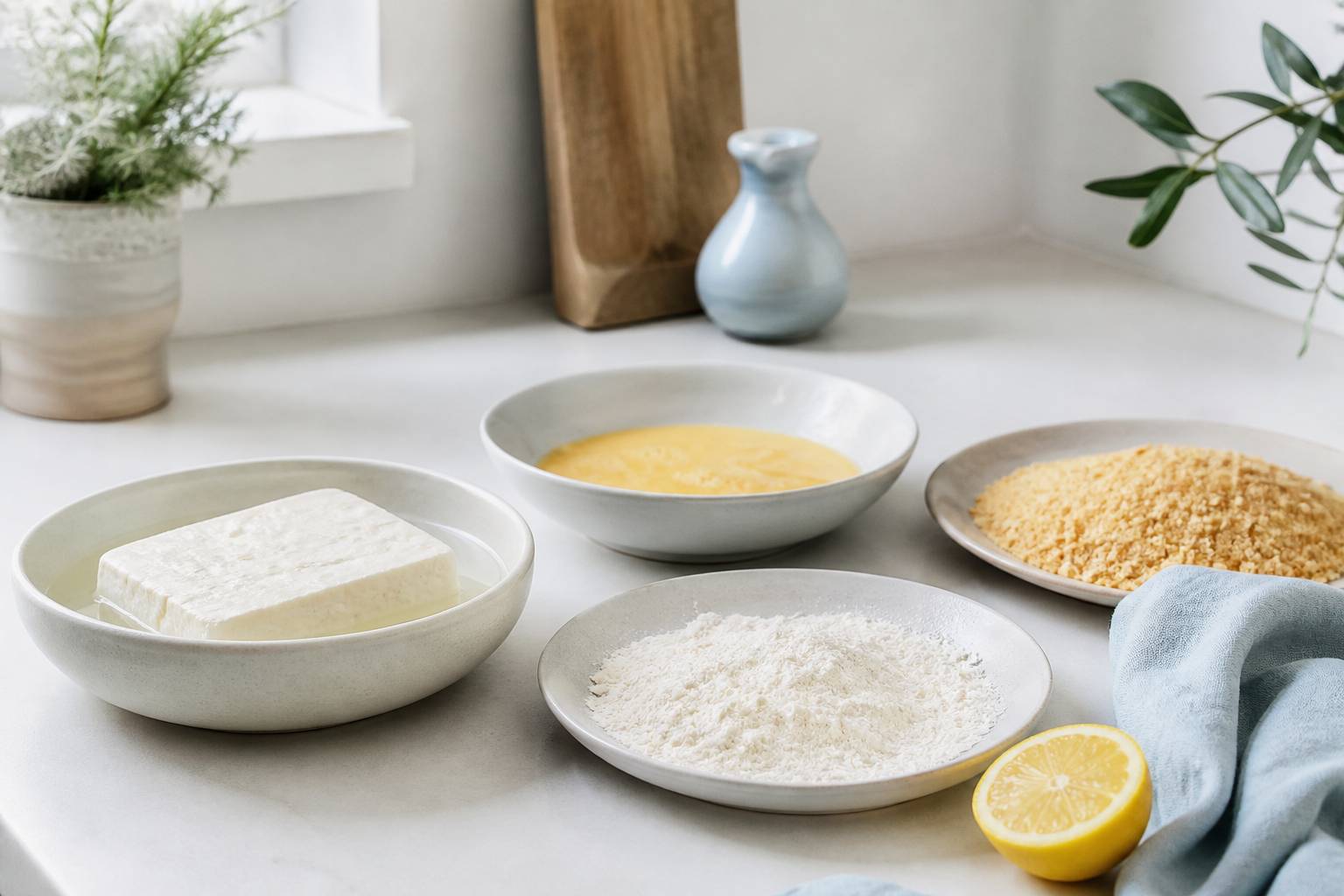 Étapes de panure de la feta avec farine, œuf et chapelure