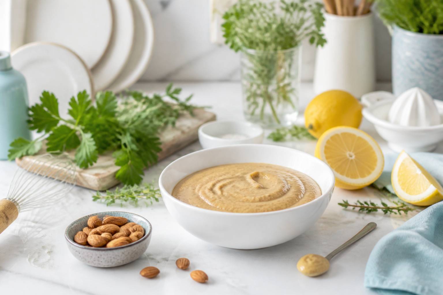 Préparation d'une sauce aux amandes avec citron, moutarde et herbes fraîches