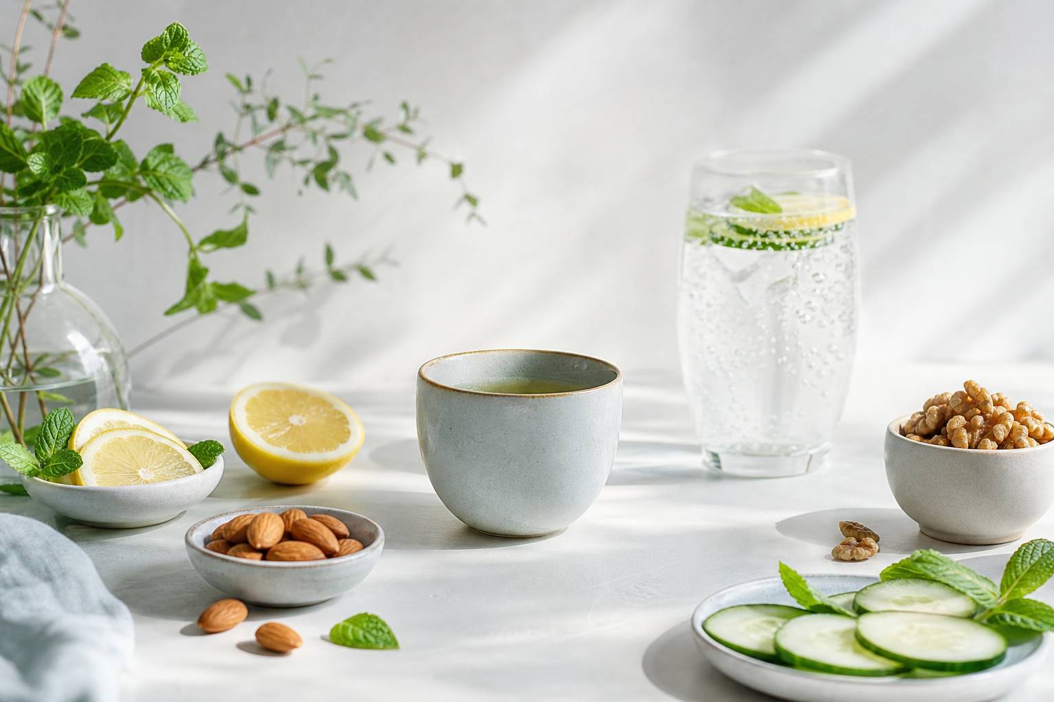 Nature morte claire avec thé vert, tranches de citron, menthe, noix et amandes en coupelles