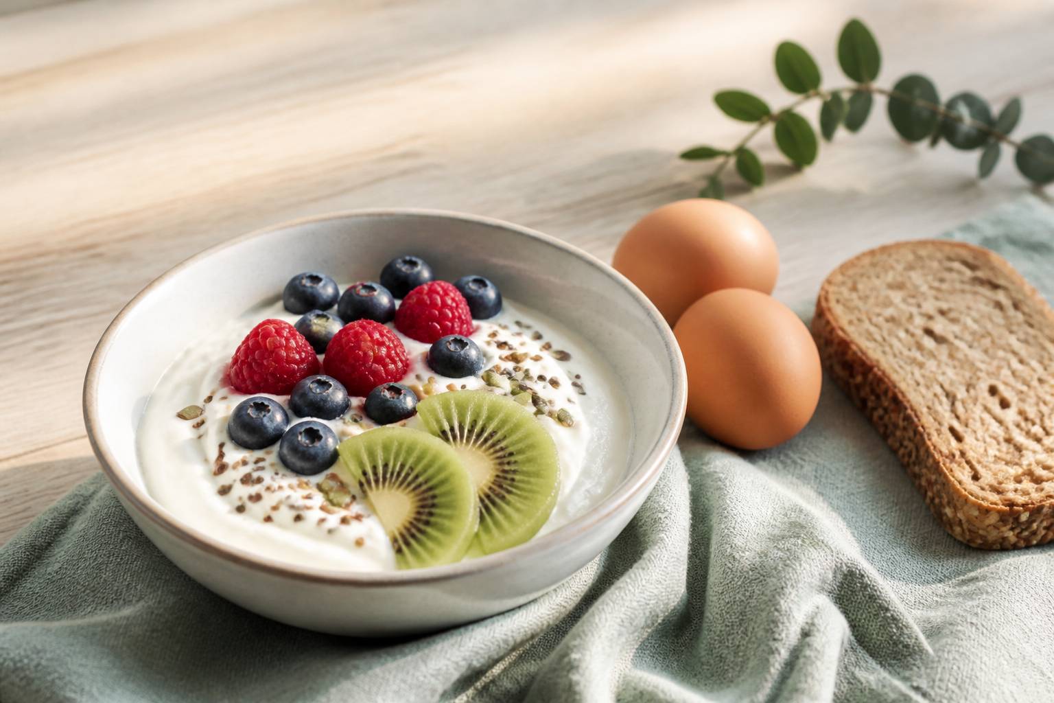 Bol de skyr avec fruits et graines accompagné d'œufs