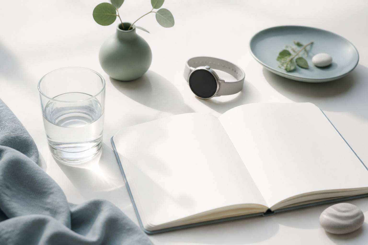 Verre d'eau avec carnet de suivi ouvert et montre de jeûne stylisée sans chiffres