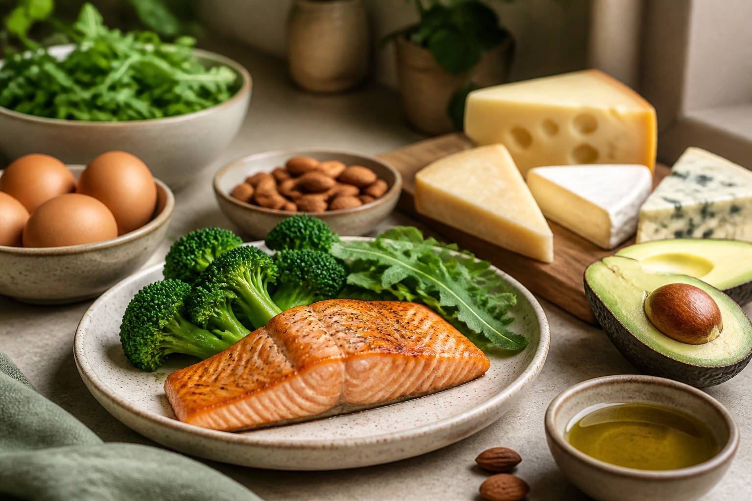 Table garnie d'aliments cétogènes avec avocats, saumon et œufs