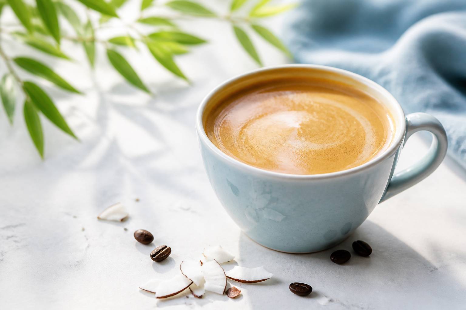 Tasse de café crémeux avec copeaux de noix de coco et grains éparpillés