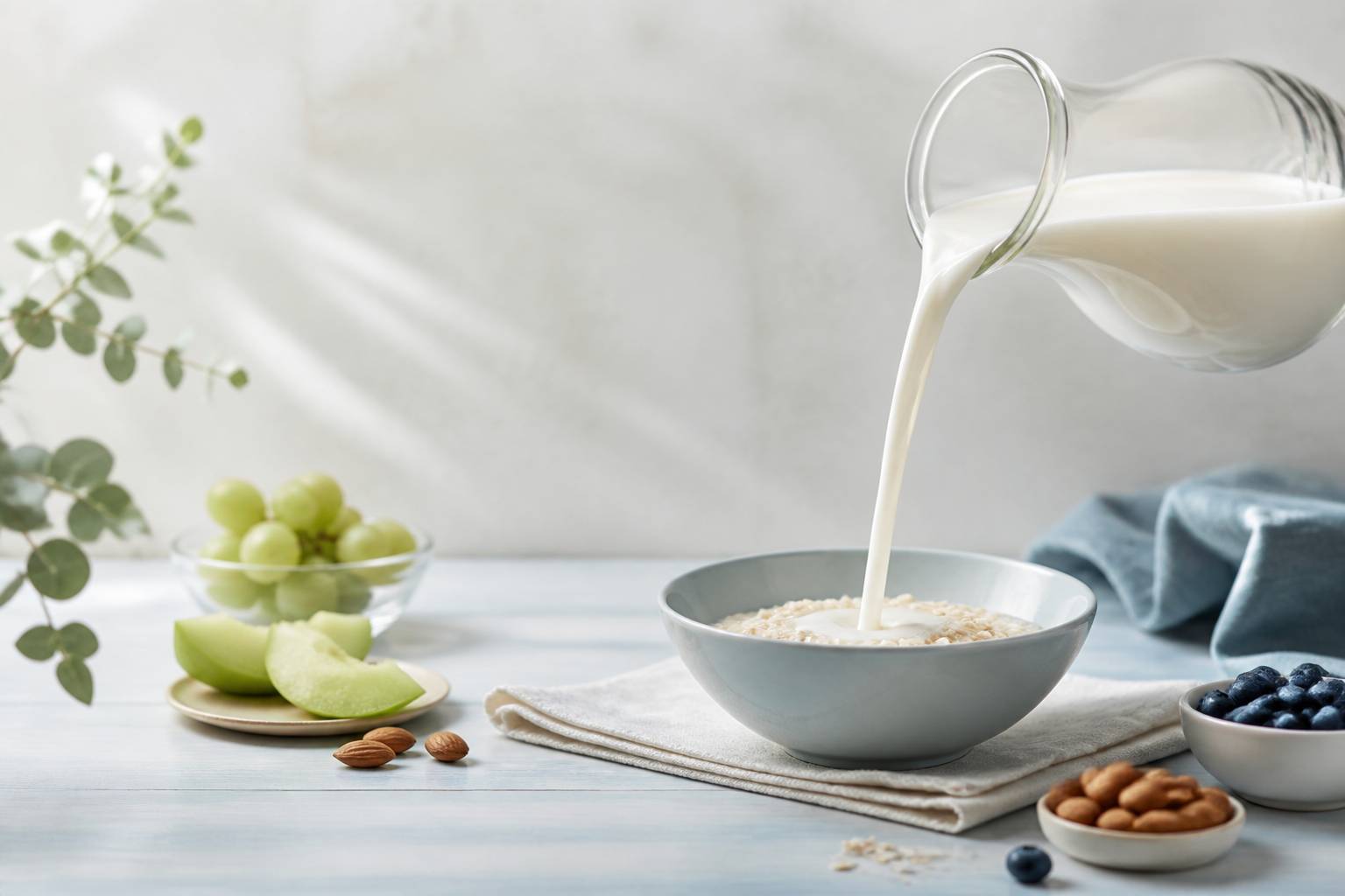 Verre de lait versé dans un bol avec un filet crémeux