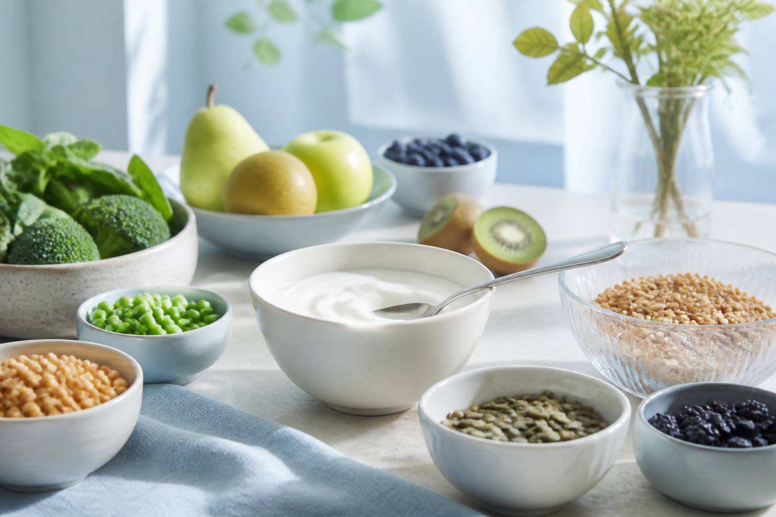 Bol de yaourt nature entouré d'aliments riches en fibres