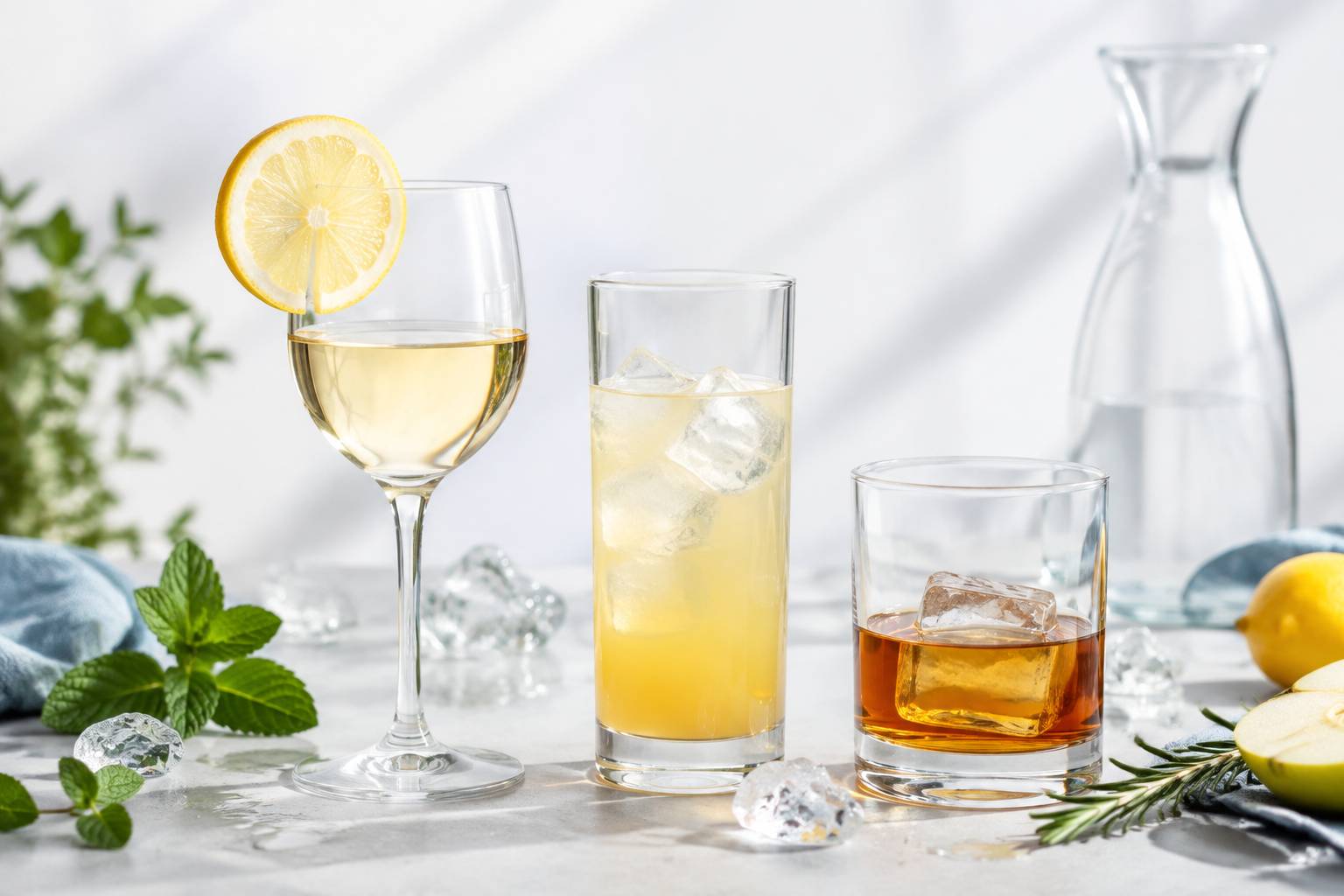 Trois verres de boissons alcoolisées légères alignés avec glaçons et rondelle de citron sur fond clair