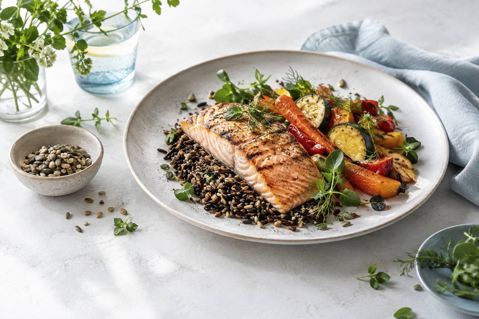 Assiette de riz sauvage avec saumon grillé et légumes rôtis colorés