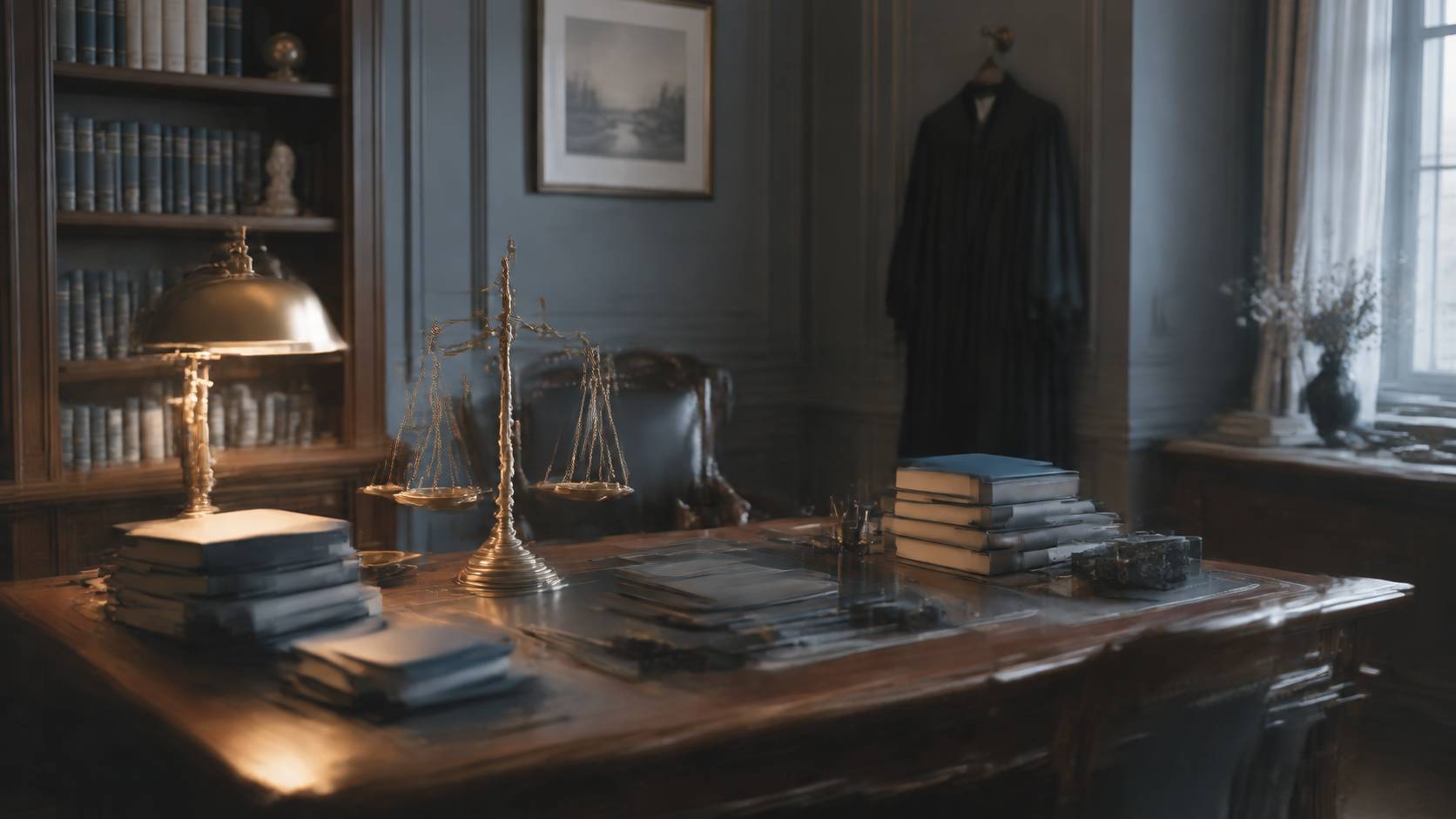 Balance de la justice et ouvrages juridiques sur un bureau de cabinet d'avocat