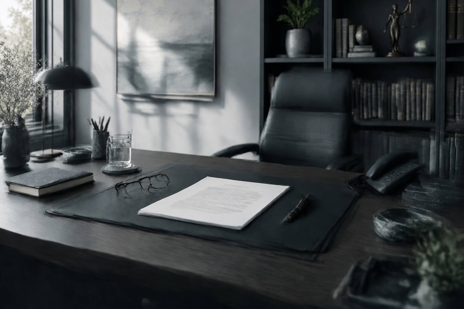 Bureau de consultation avec contrat vierge, stylo plume et lunettes de lecture