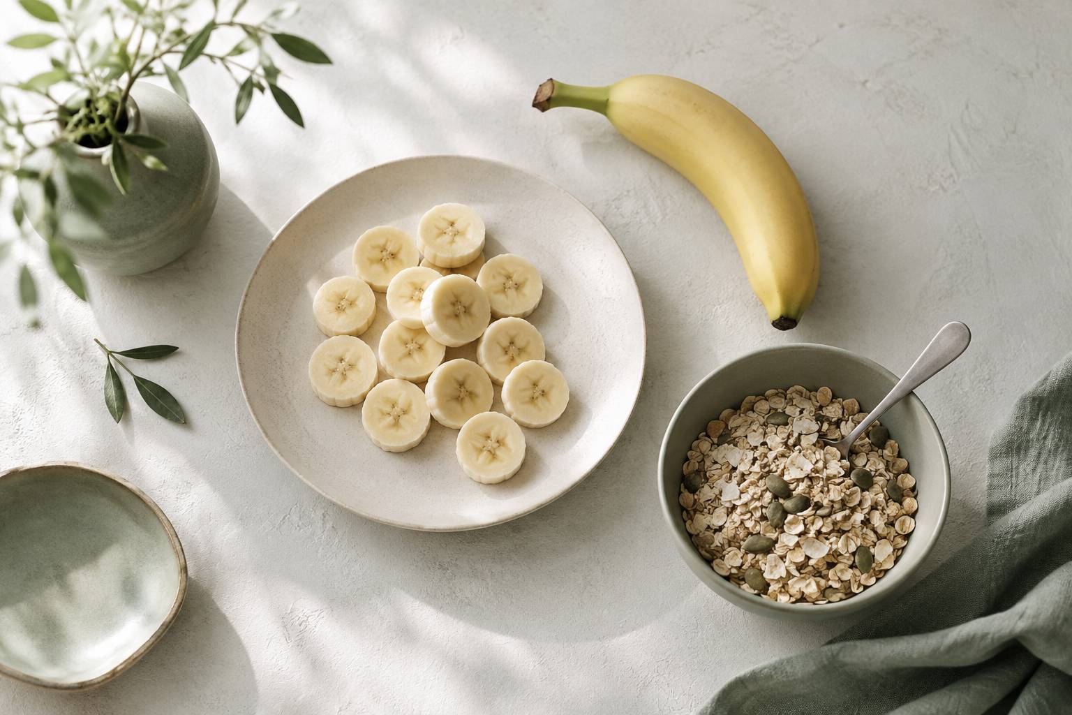 Banane coupee en rondelles sur une assiette pres d'un bol