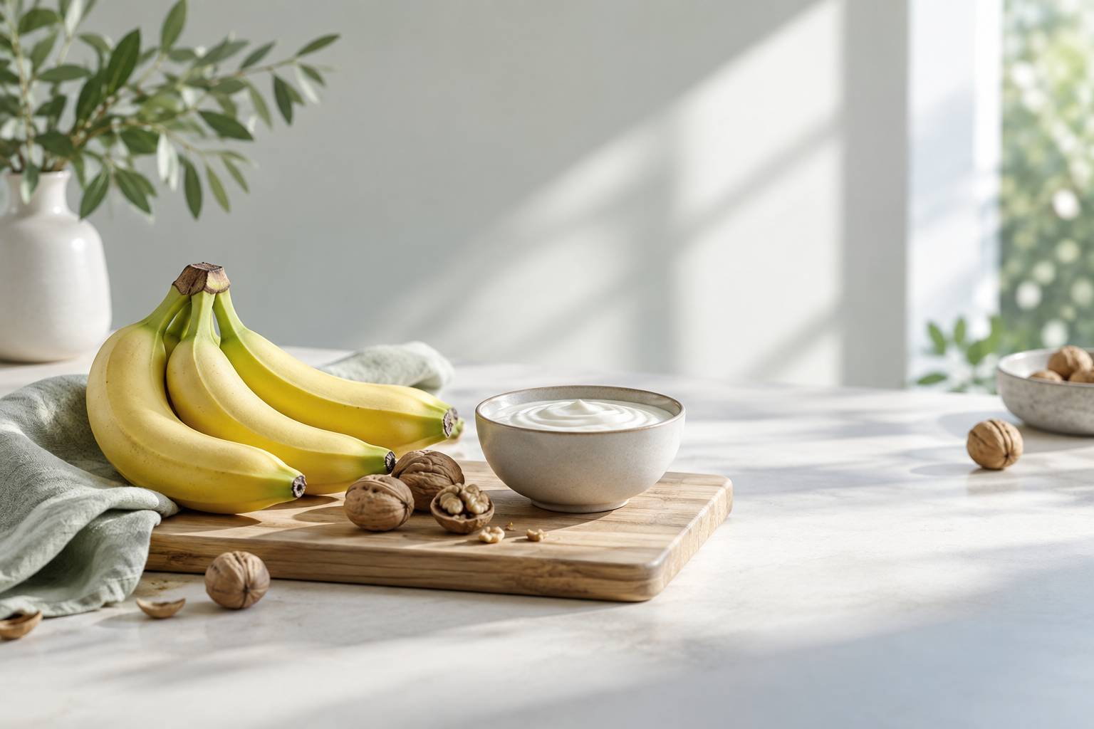 Bananes jaunes et vertes sur une planche en bois avec des noix