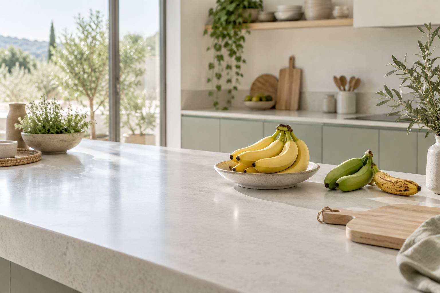 Régime de bananes jaunes avec bananes vertes sur un plat de cuisine