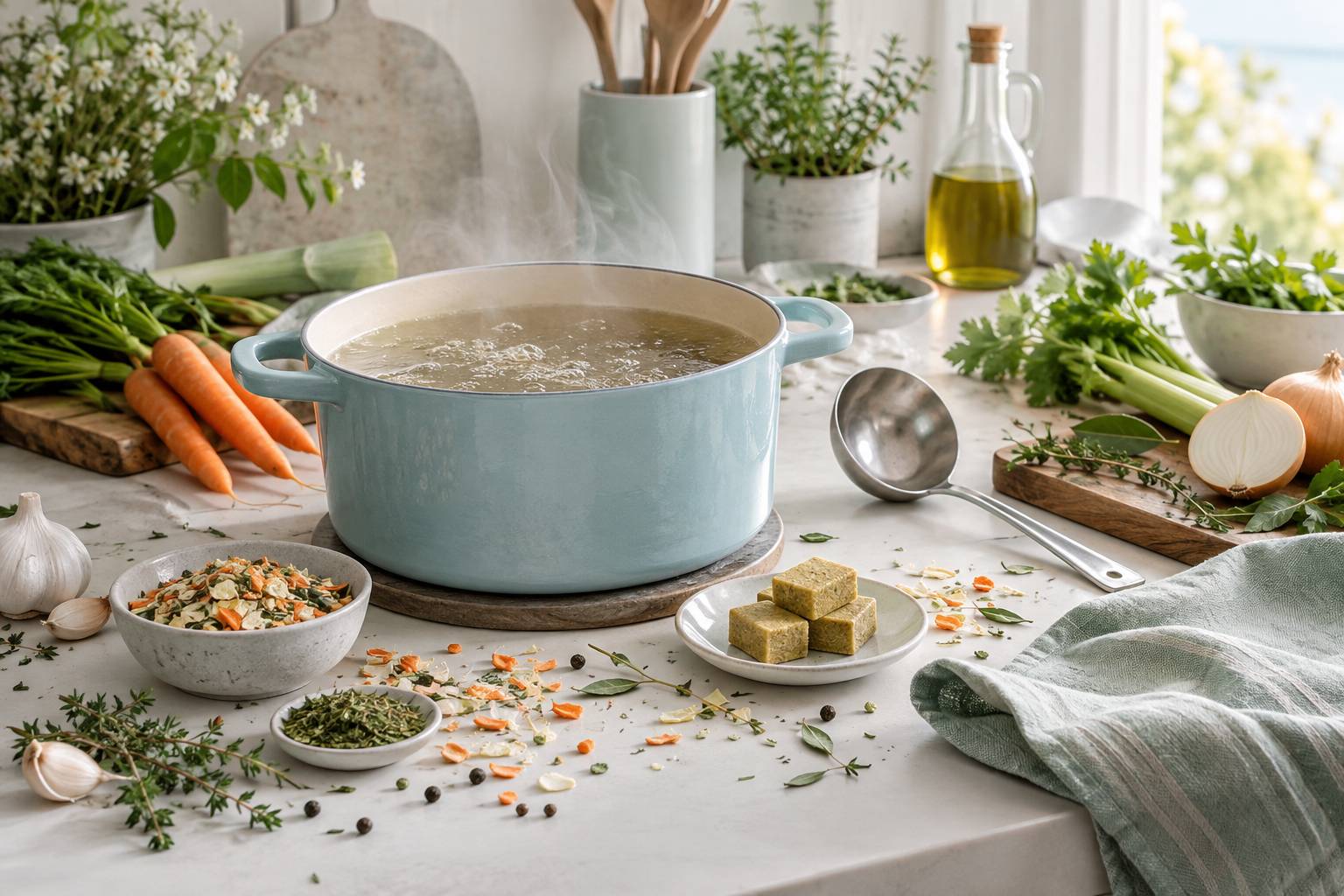 Cubes de bouillon génériques près d'une casserole avec légumes déshydratés