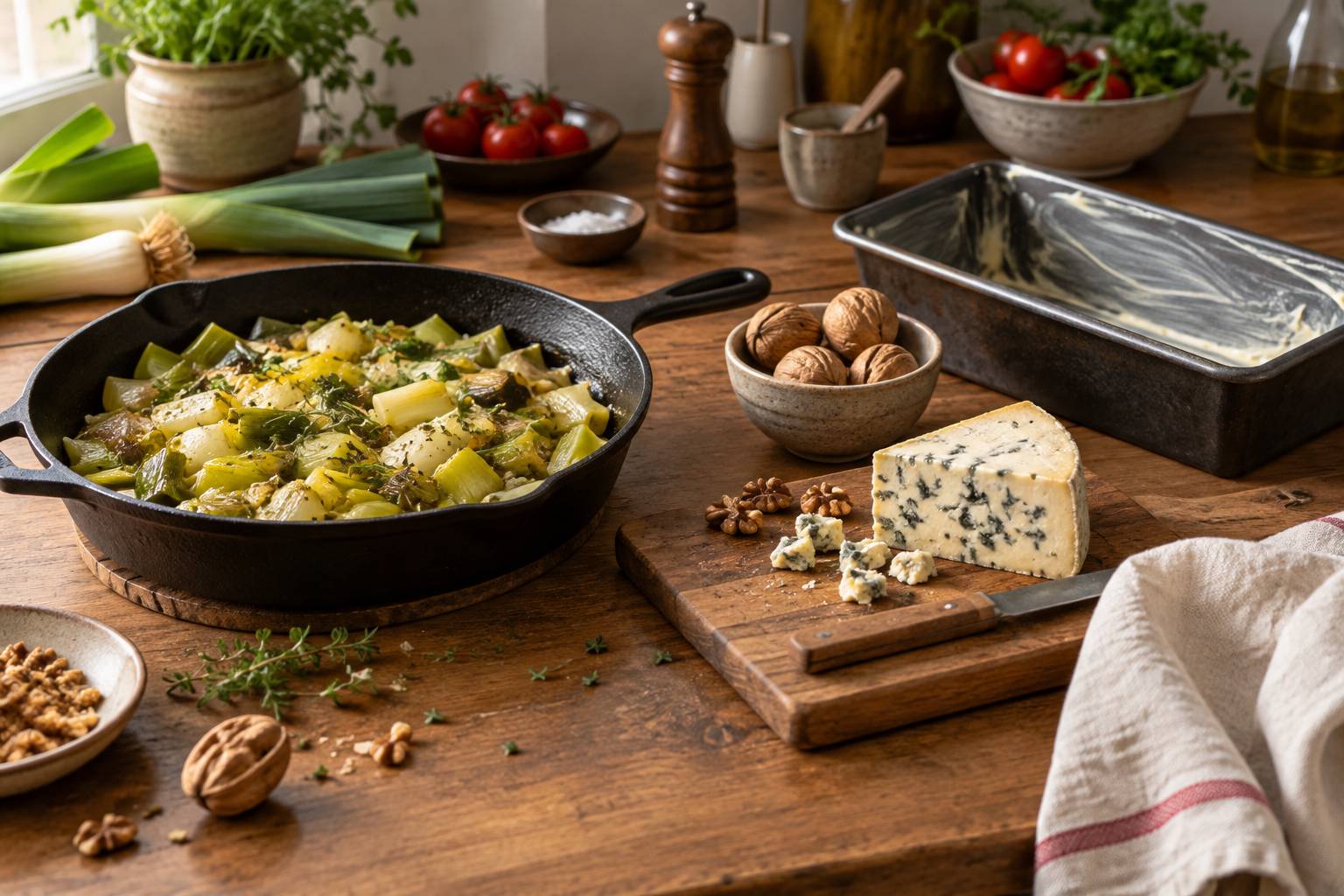 Poireaux fondus, fromage persille et noix sur un plan de travail