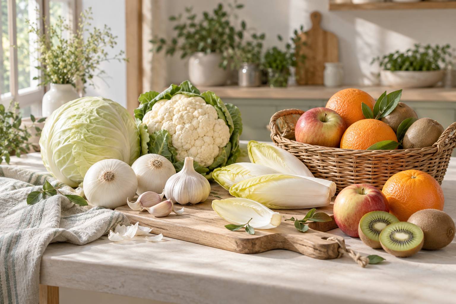 Legumes blancs et fruits frais disposes sur une table de cuisine claire
