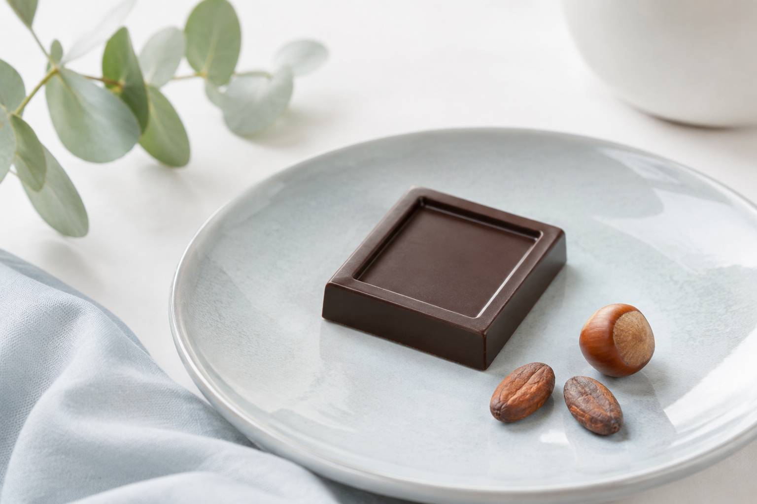 Carré de chocolat noir avec fèves de cacao et noisette sur assiette claire