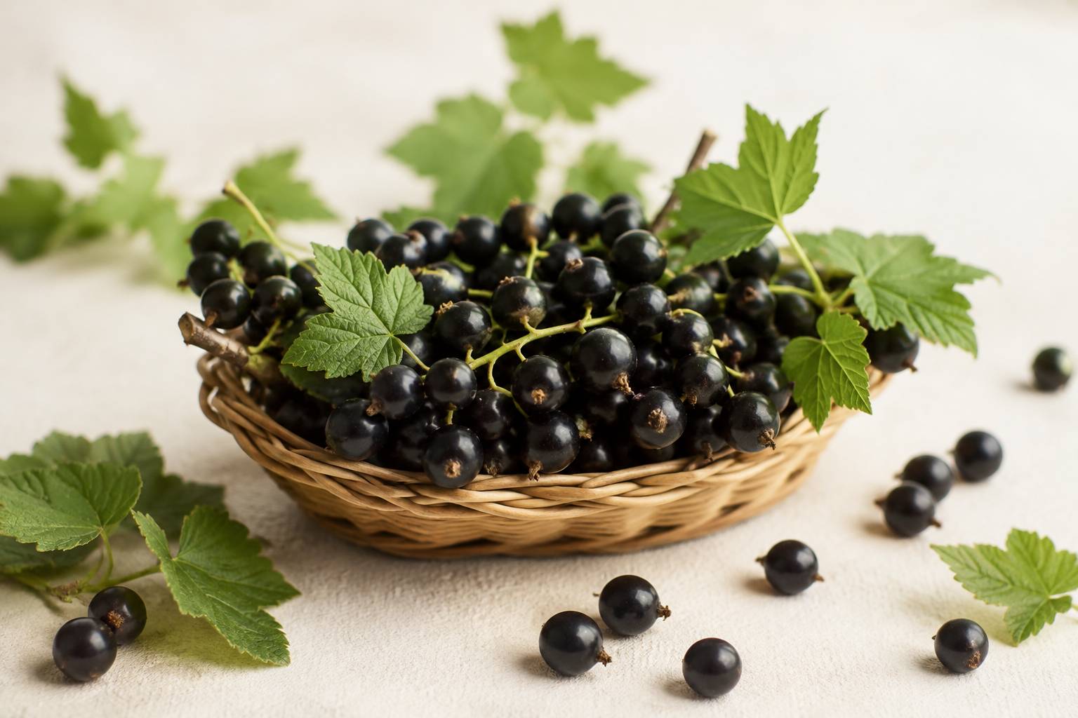 Grappes de cassis noir profond sur branches avec feuilles dans un panier en osier