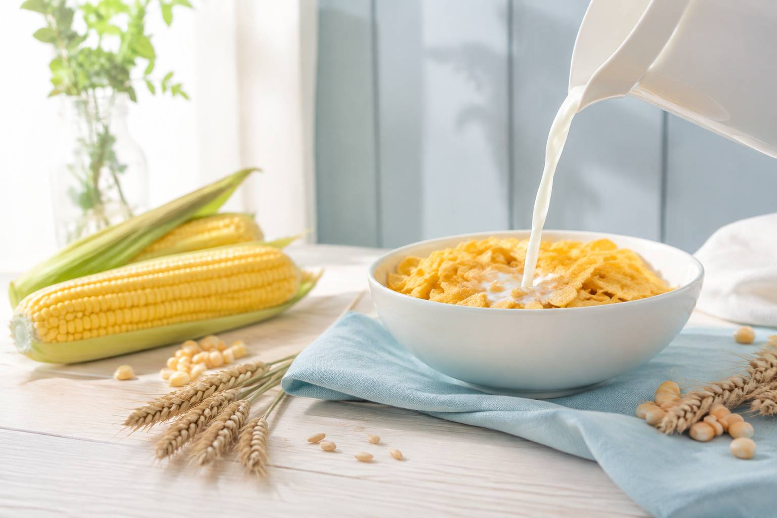 Bol de pétales de maïs génériques avec du lait versé et des épis de maïs à côté