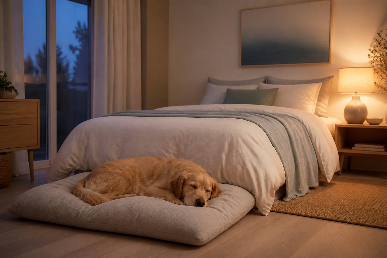 Chien à la robe dorée endormi sur un coussin au pied d'un lit le soir