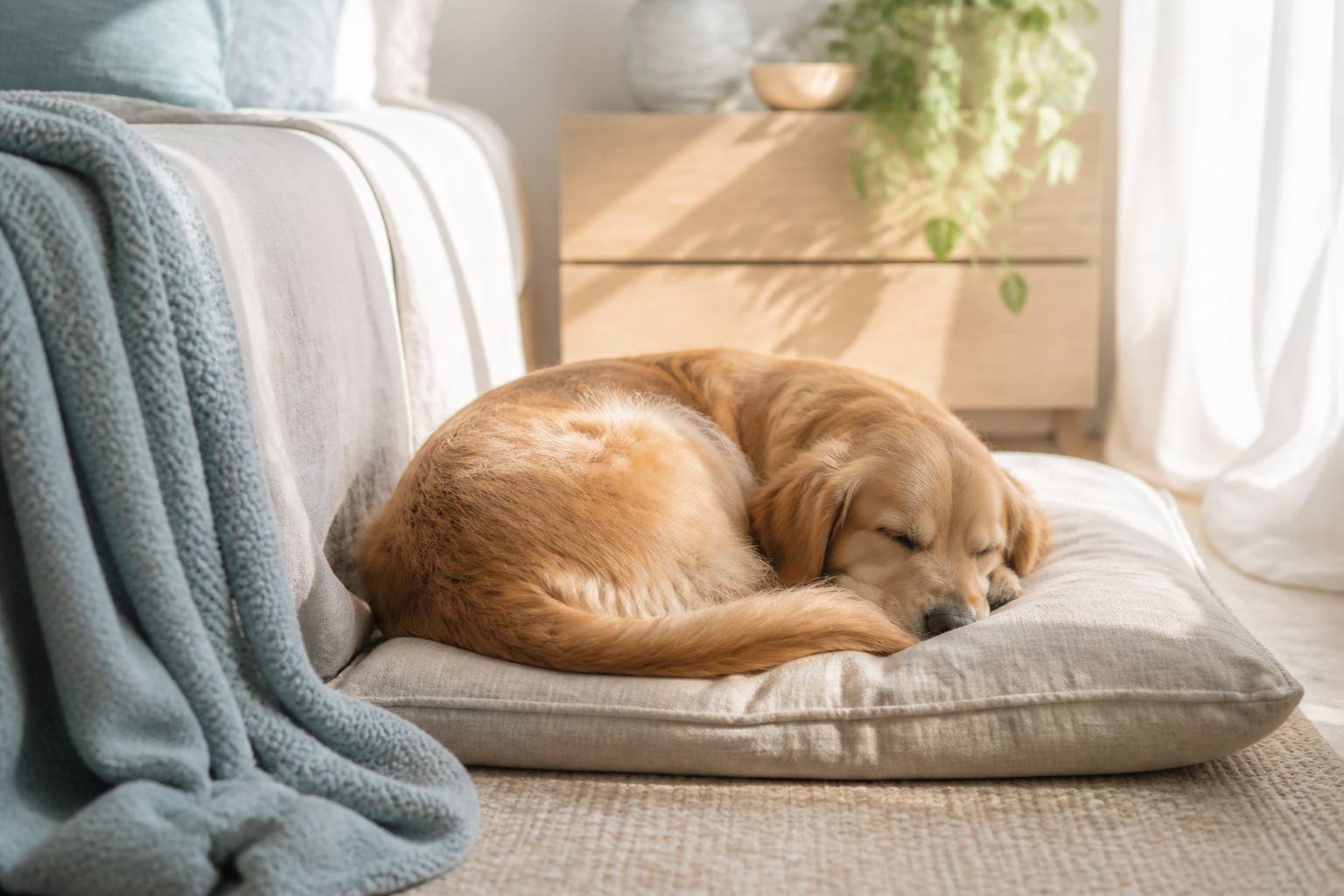 Chien roulé en boule sur un coussin en lin dans une chambre au matin
