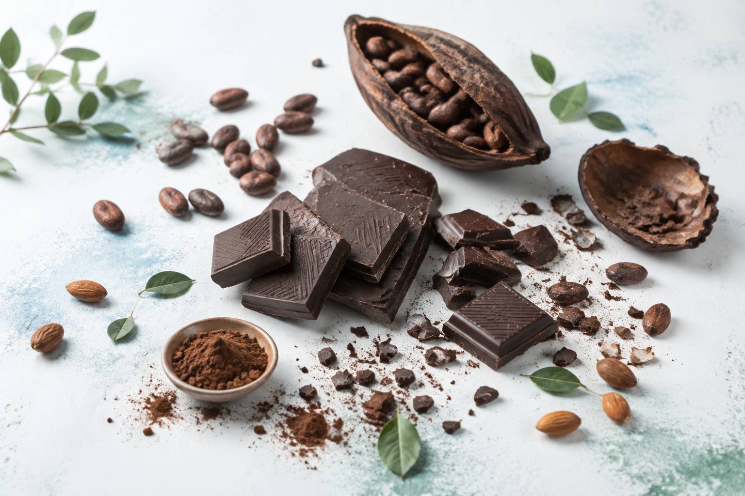 Carrés de chocolat noir avec fèves de cacao, cabosse et poudre sur fond clair