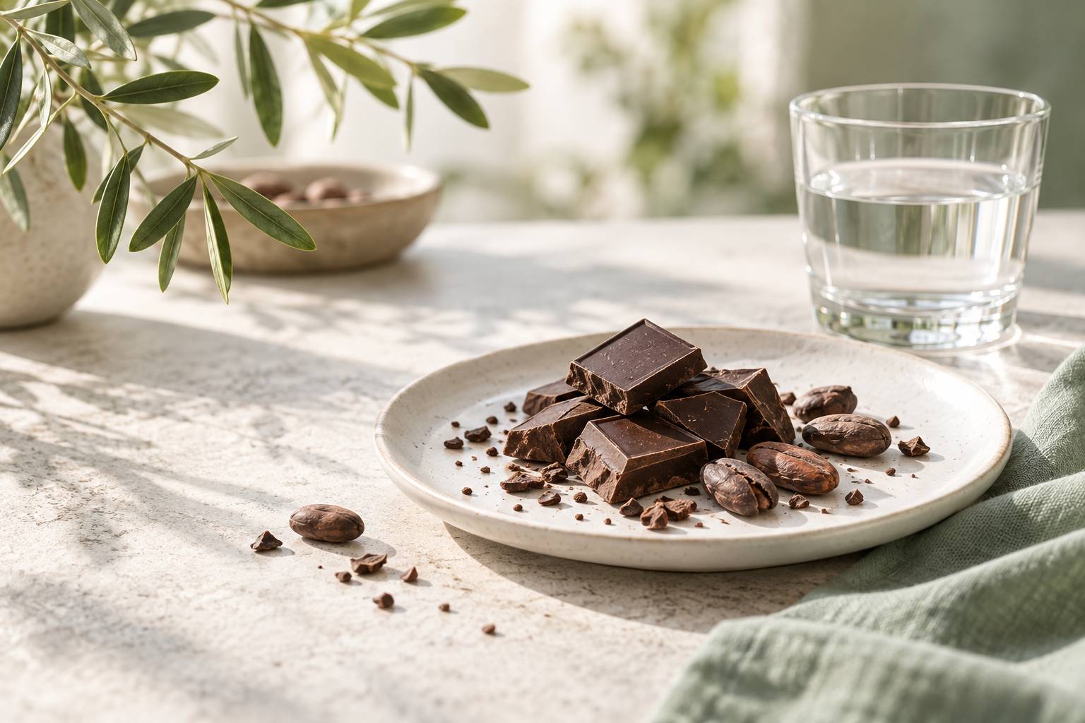 Carrés de chocolat noir concassés et fèves de cacao sur une table claire