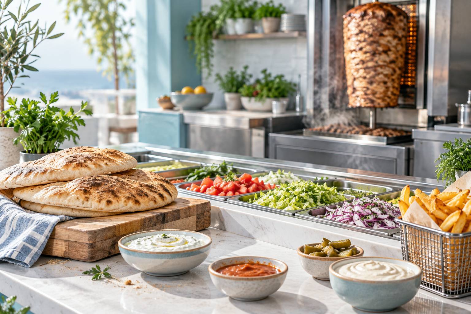 Comptoir de kebab avec broche grillée, crudités fraîches et frites