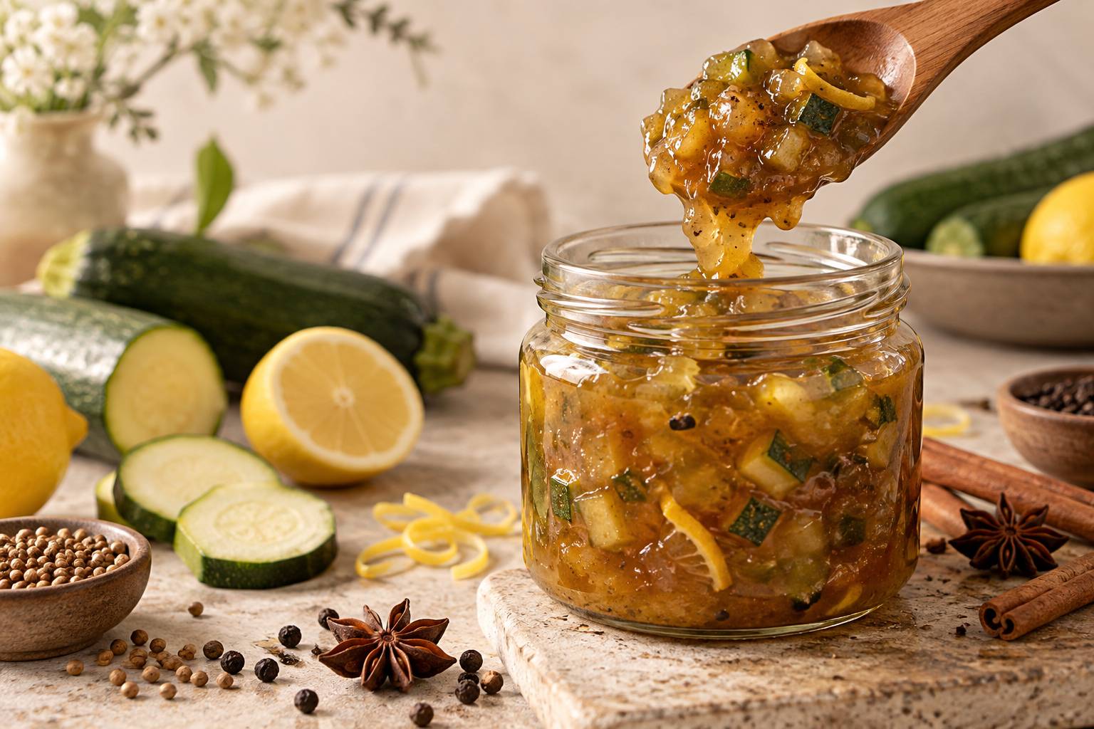 Cuillere versant de la confiture de courgette epicee dans un bocal en verre