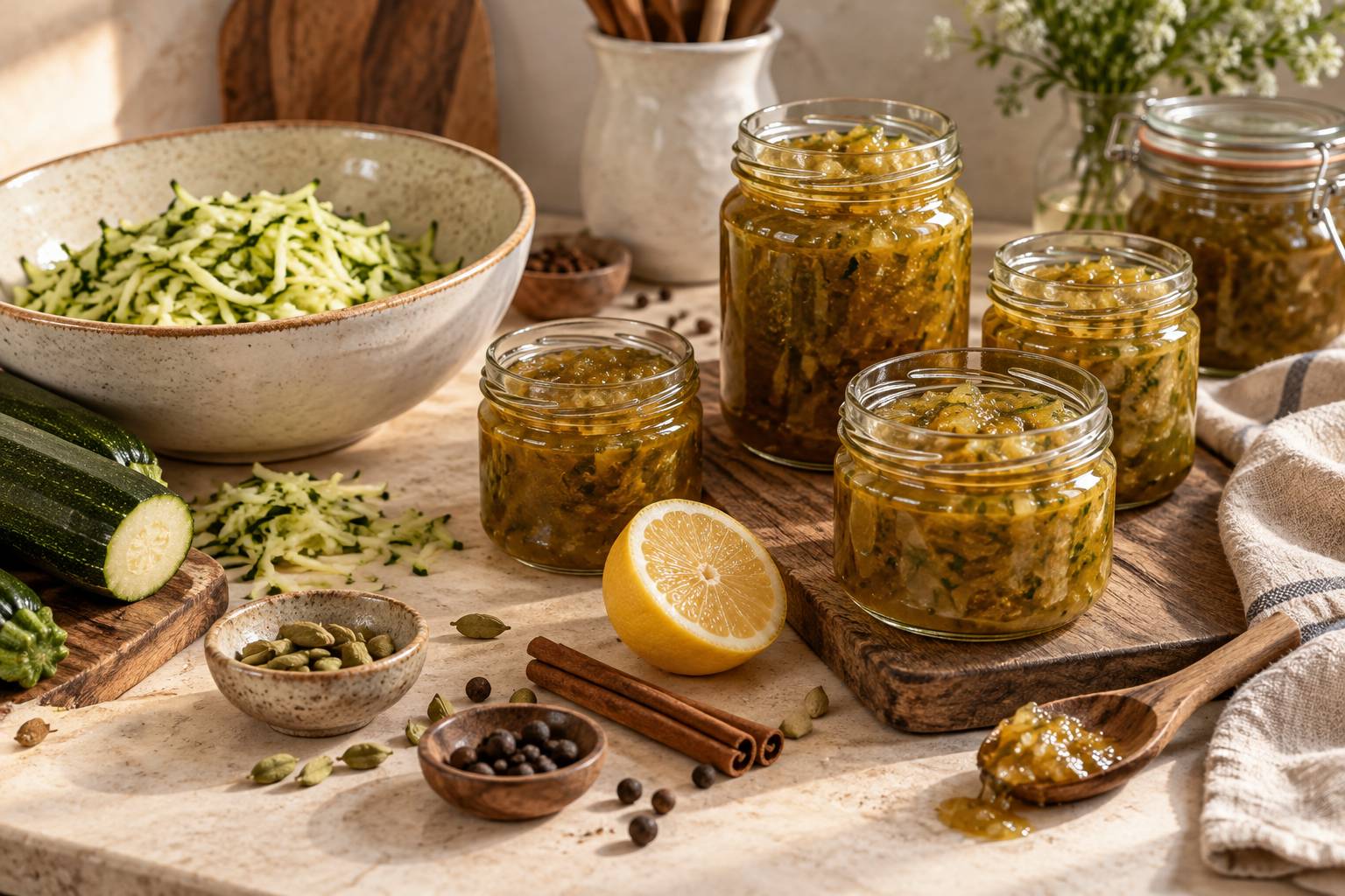 Pots de confiture de courgette epicee avec citron et epices sur un plan de travail clair
