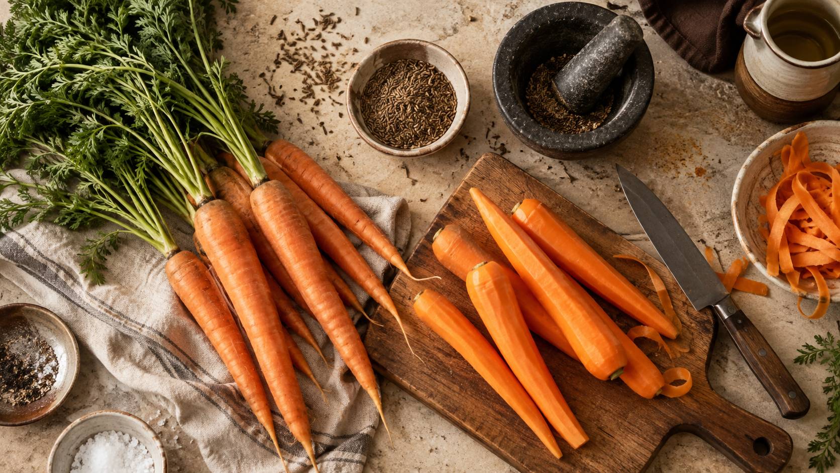 Carottes fraîches, graines de cumin et mortier sur un plan de travail