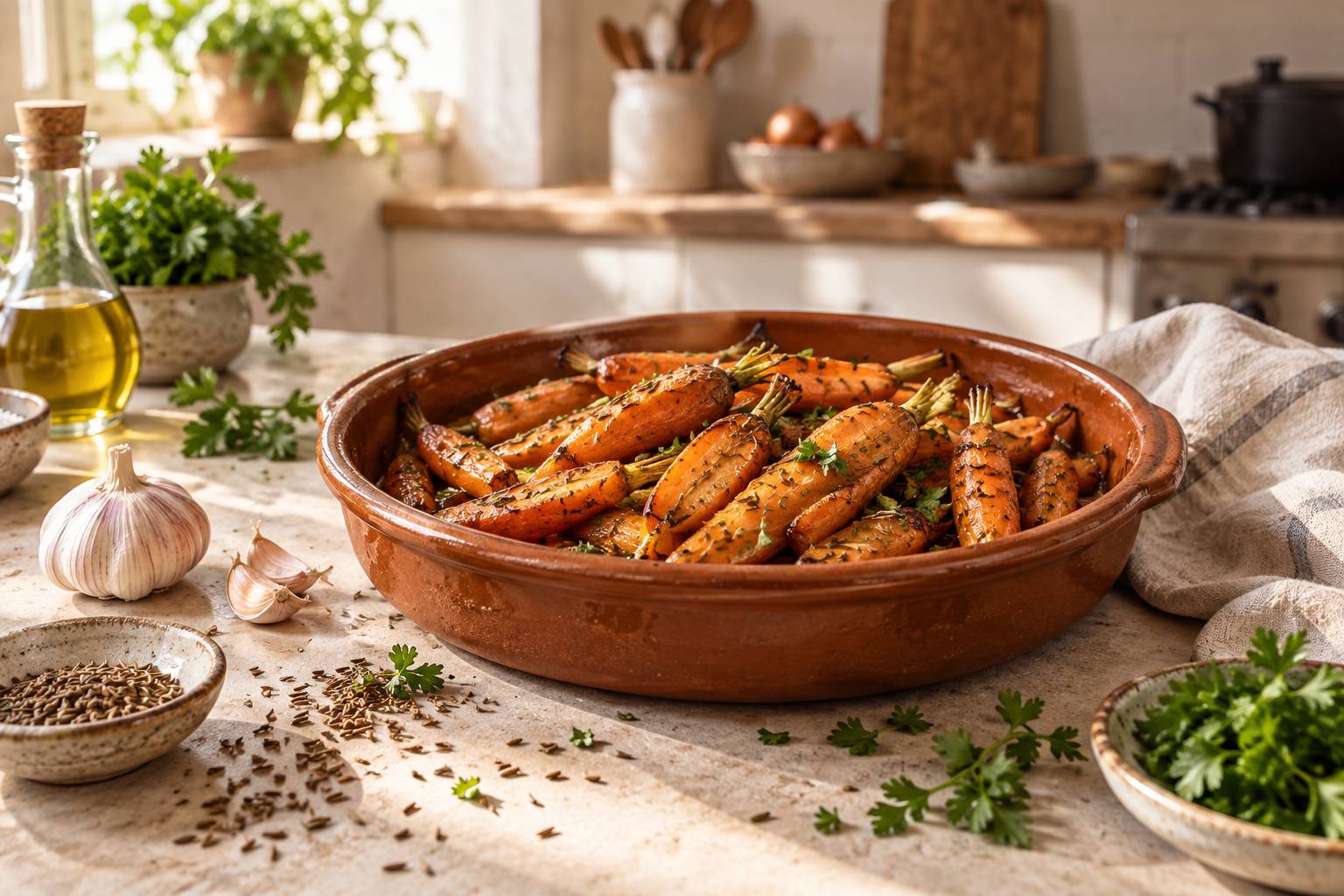 Plat de carottes fondantes au cumin dans une cuisine claire