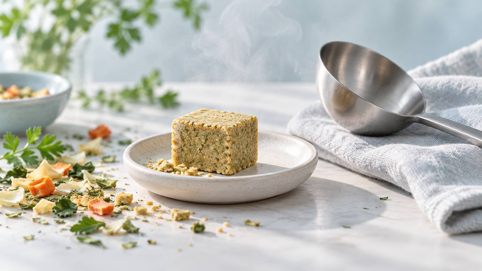 Détail d'un cube de bouillon générique avec légumes déshydratés sur une soucoupe