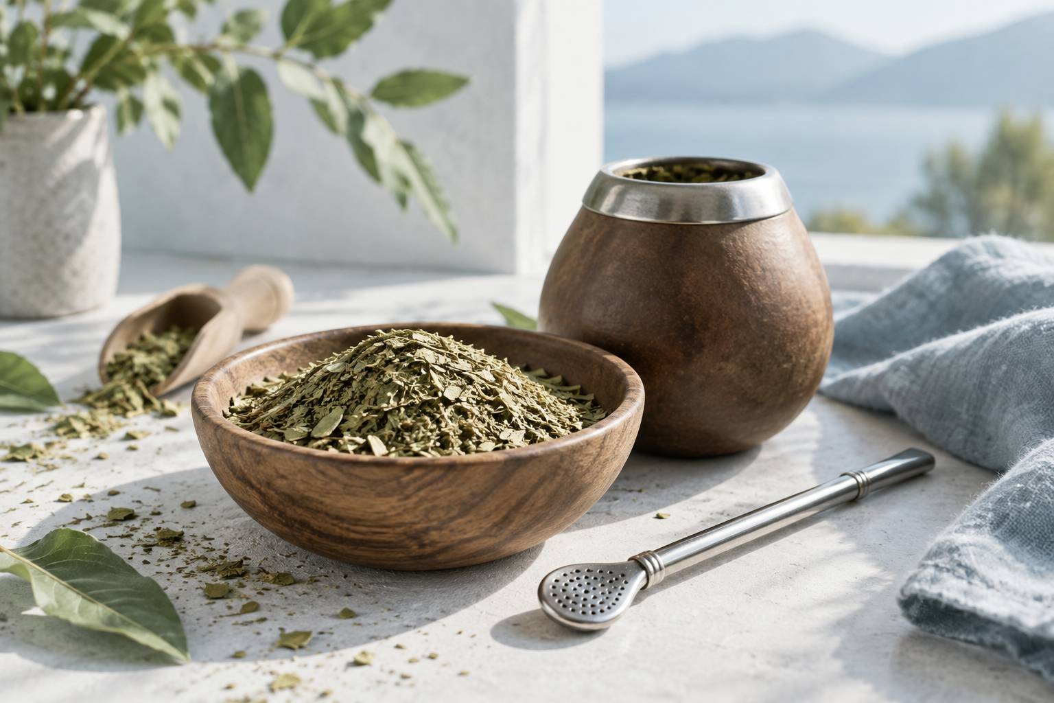 Feuilles de yerba maté séchées dans une coupelle en bois