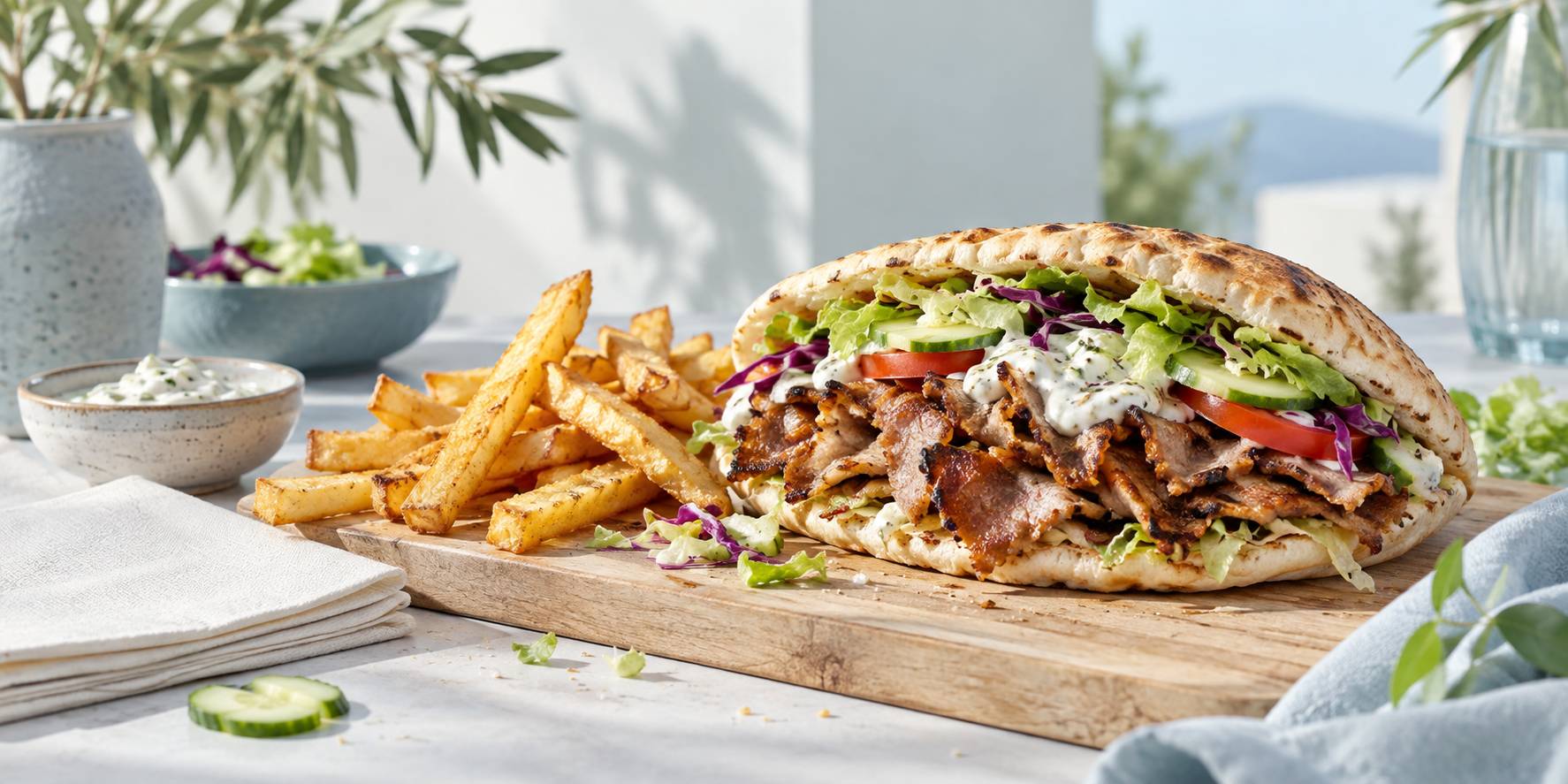 Détail d'un kebab garni de crudités et de sauce dans un pain chaud